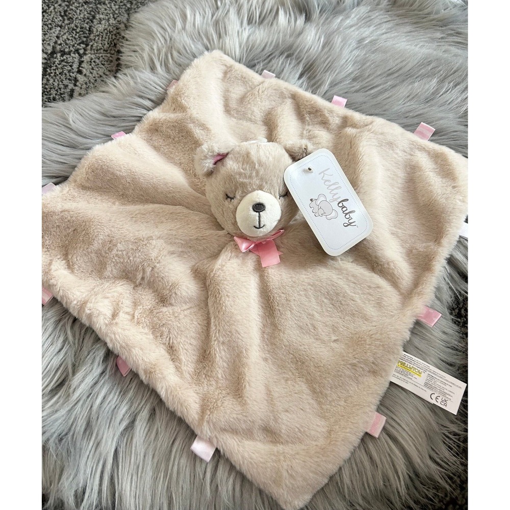 Kelly Baby Tan Bear Plush Lovey Rattle Security Blanket Pink Ribbon Bow Tags 14"